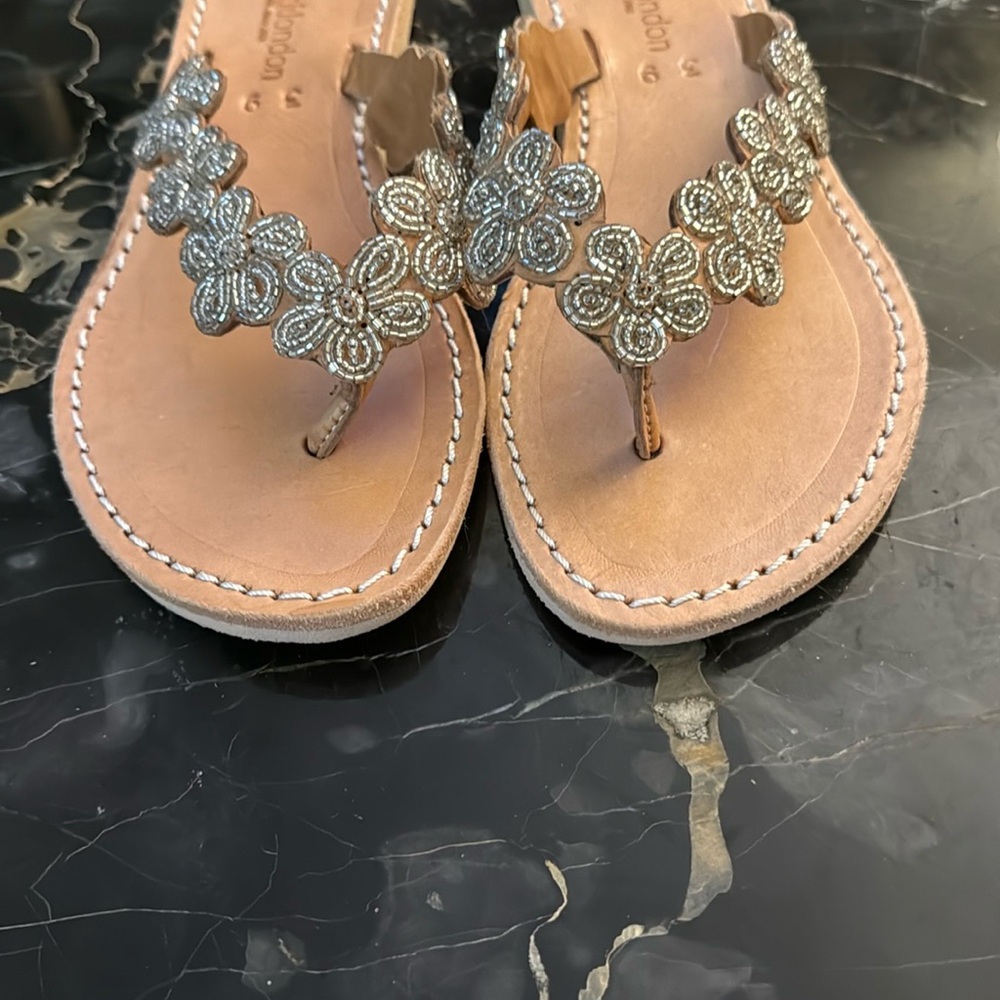 Elegant Laidback London Silver Tan Sandals with Floral Detailing